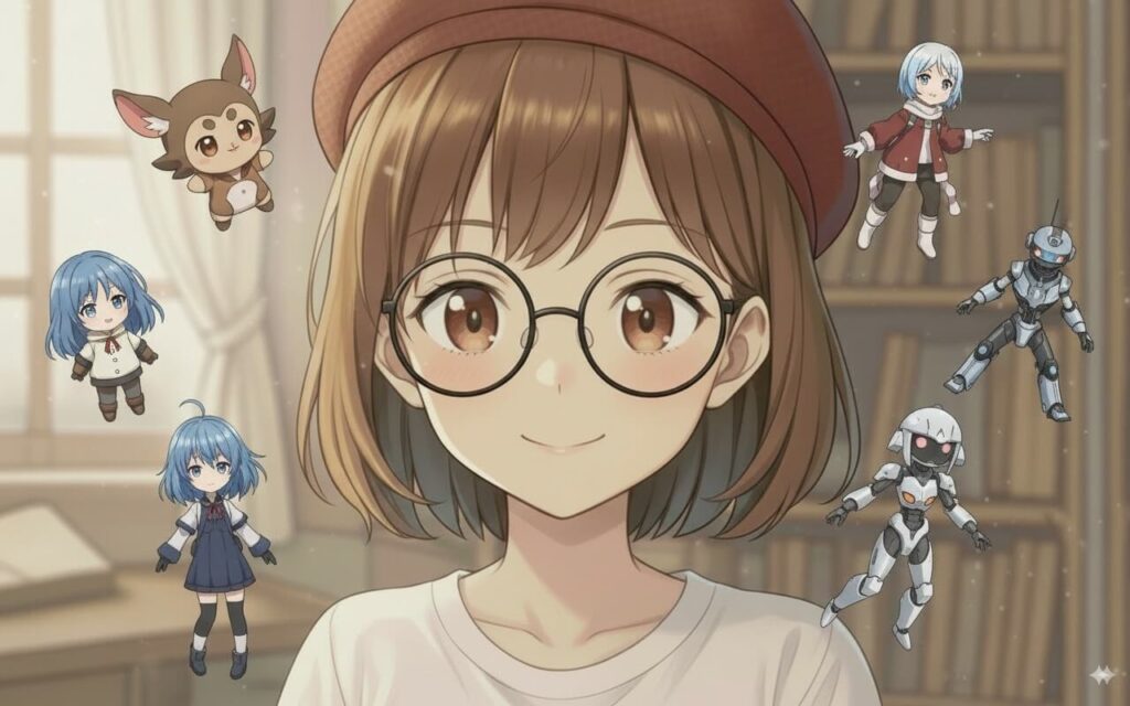 自作のキャラクターたちに囲まれた、アニメ風の女性クリエイターのイラスト