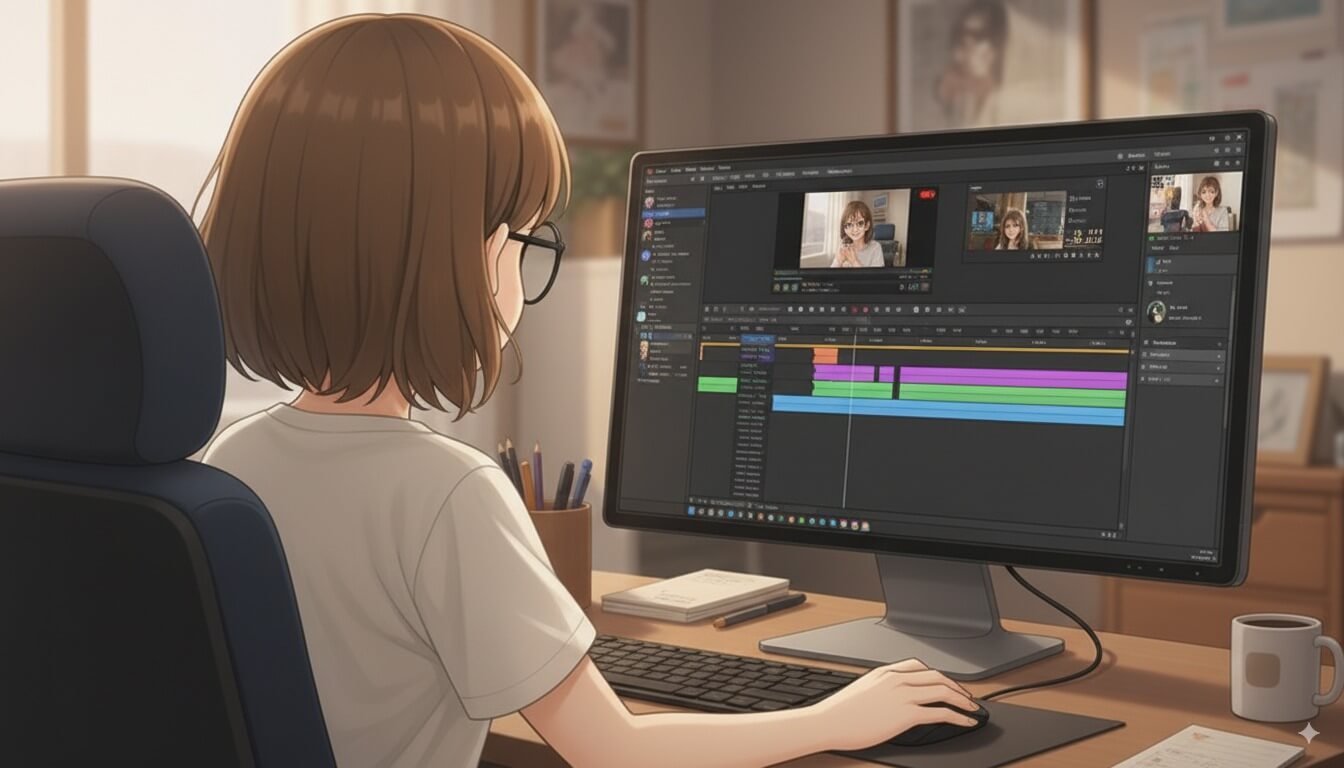 パソコンの編集ソフトを使い、動画編集をしているアニメ風の女性のイラスト