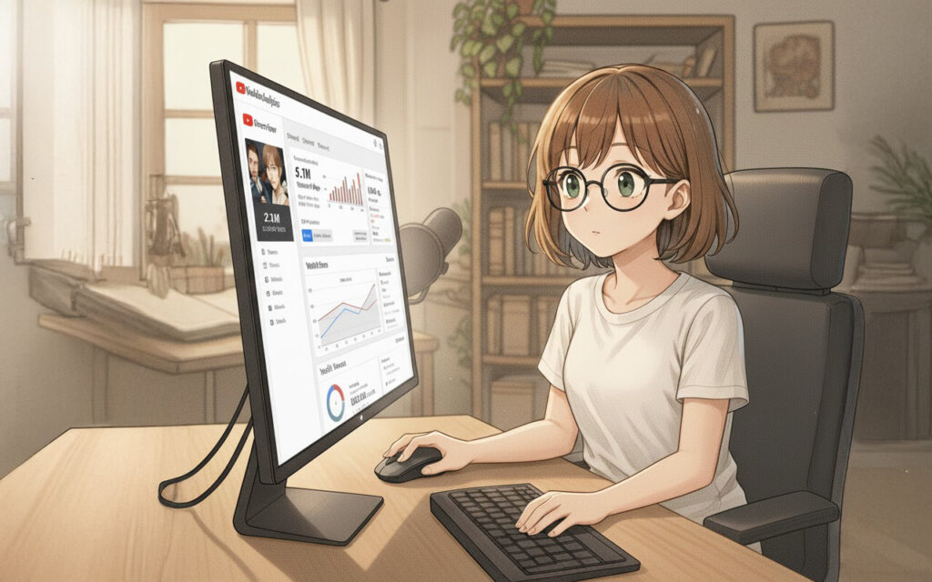 パソコンでYouTubeのアナリティクス画面を確認している、アニメ風の女性のイラスト