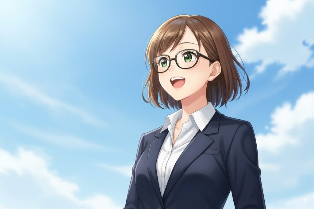 青空を背景に、希望に満ちた表情で微笑む、スーツ姿のアニメ風の女性のイラスト