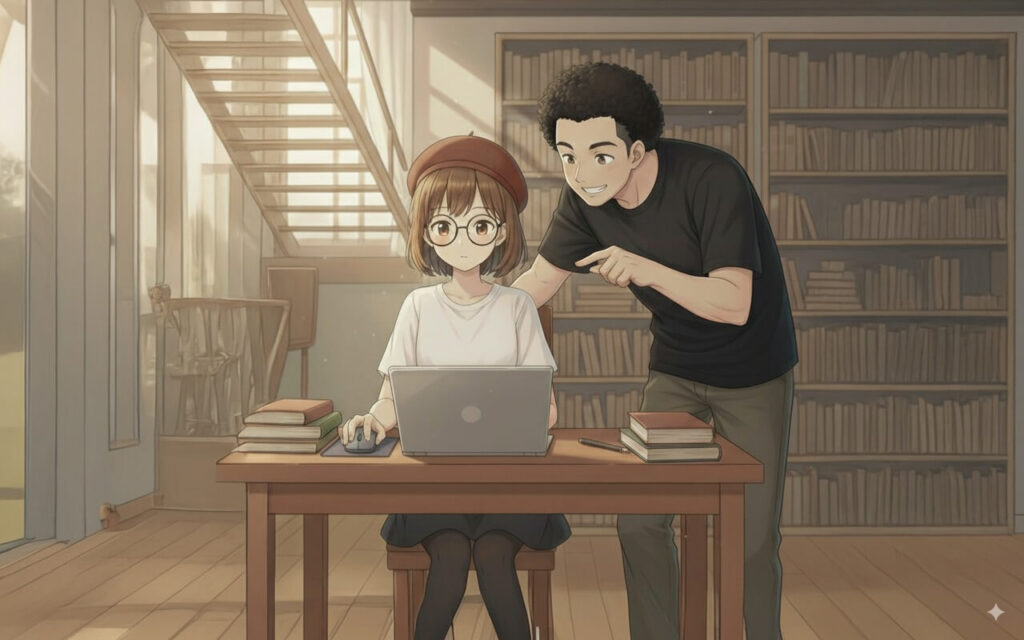 図書館のような部屋で、女性にパソコンの使い方を教えている男性のイラスト